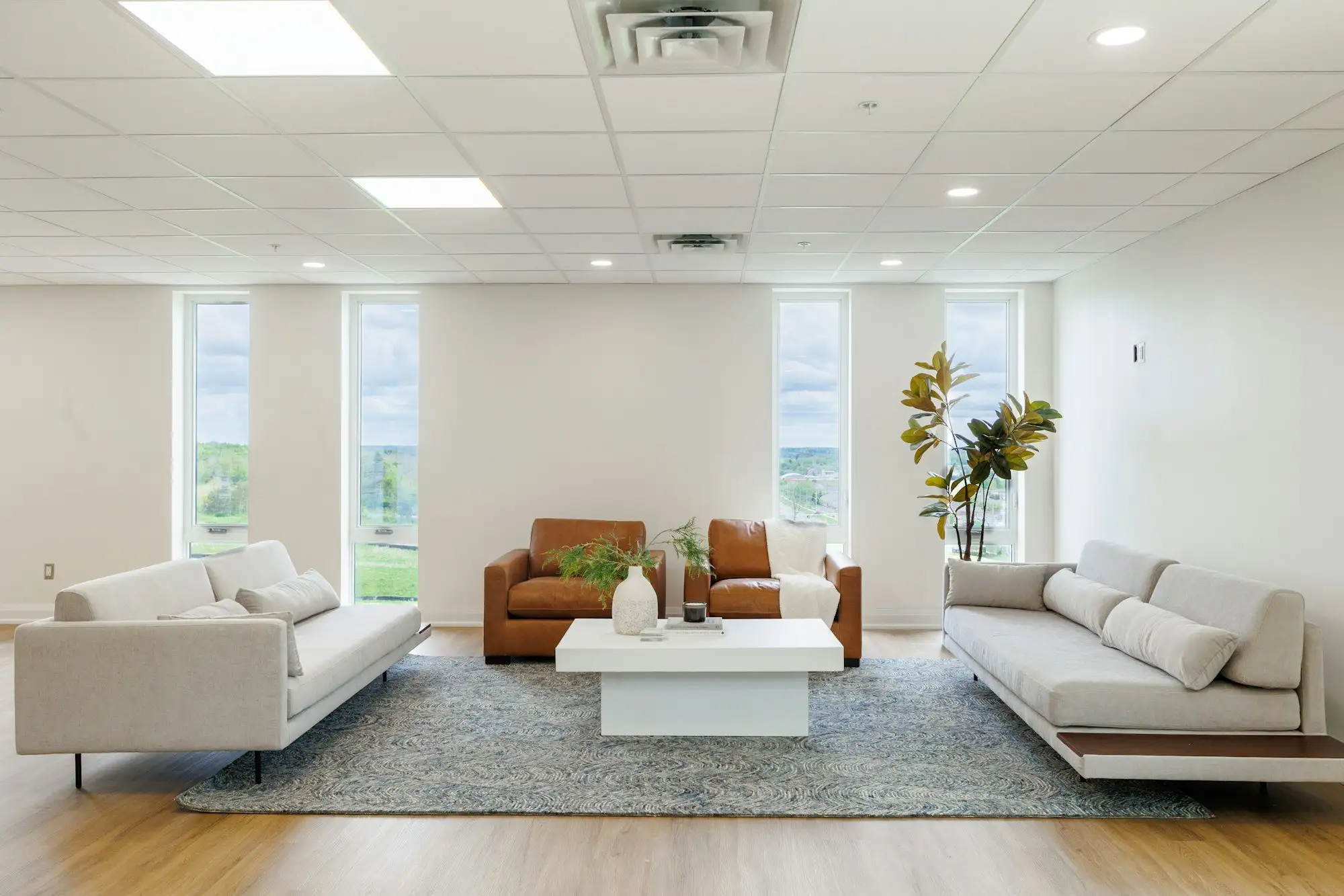 A bright waiting lounge with two pale sofas, two leather armchairs, a plant and tall windows looking out over green fields